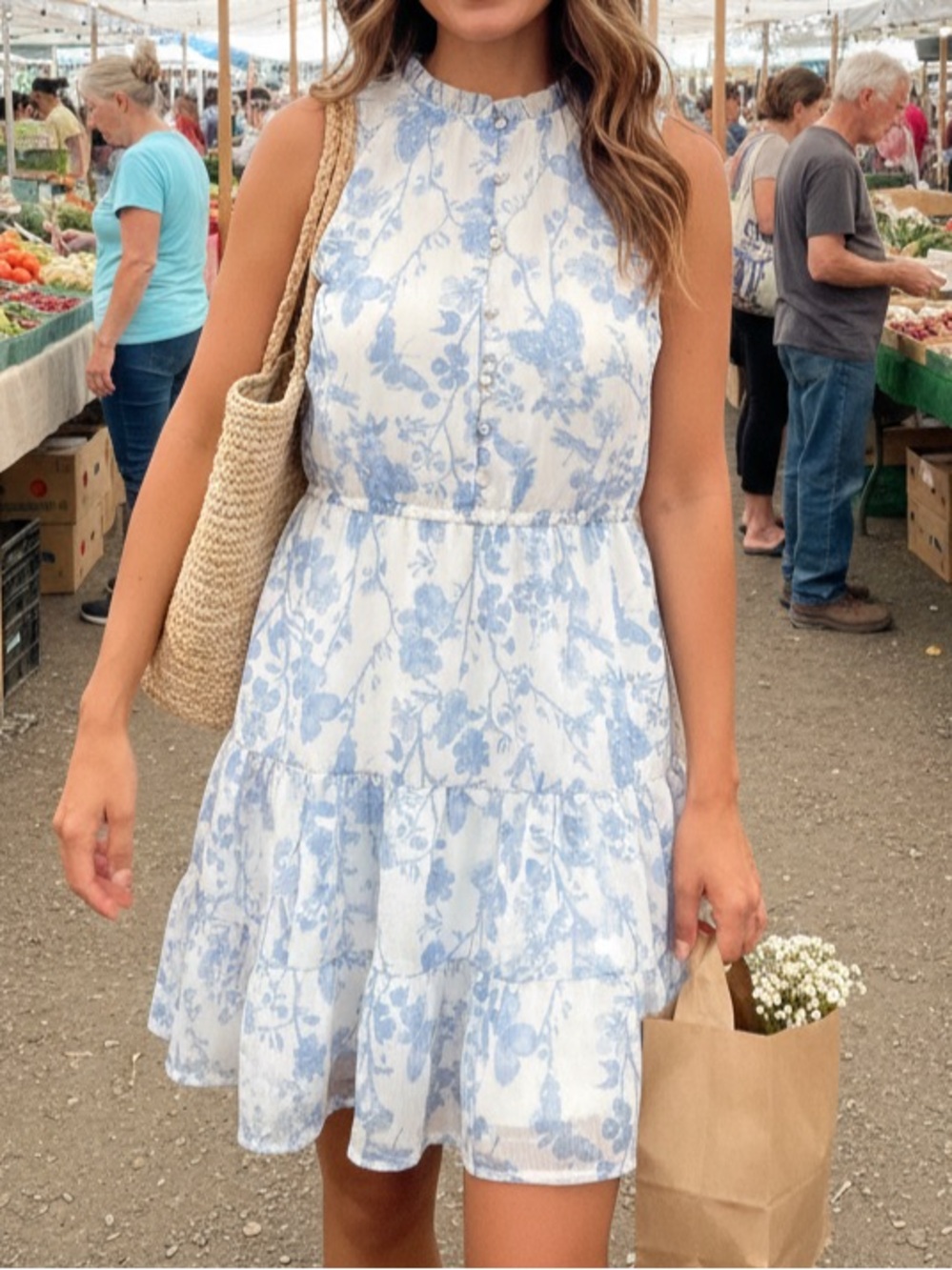 Steve Madden Light Blue & White Floral Ruffle-Neck Mini Dress - Picture 2 of 12
